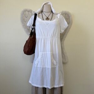 Babydoll White Hooded Tunic Dress Cover Up Shirt Mori Girl Layerinng Cap Sleeve
